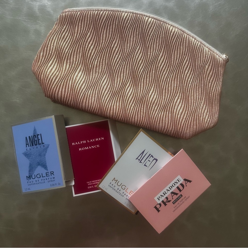 New pink rose shimmer Lancôme makeup bags with samples